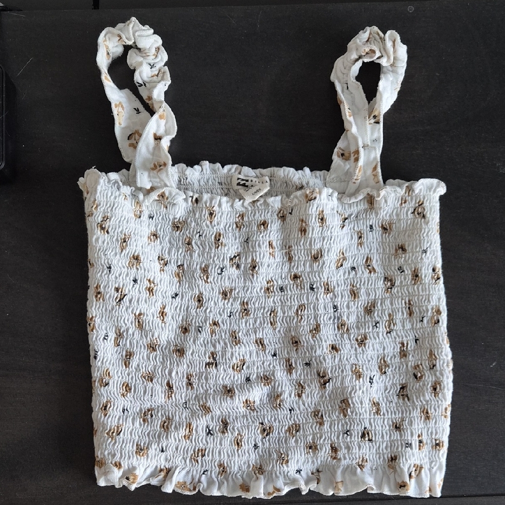 Billabong White Smocked Crop Top with Beige Floral Print